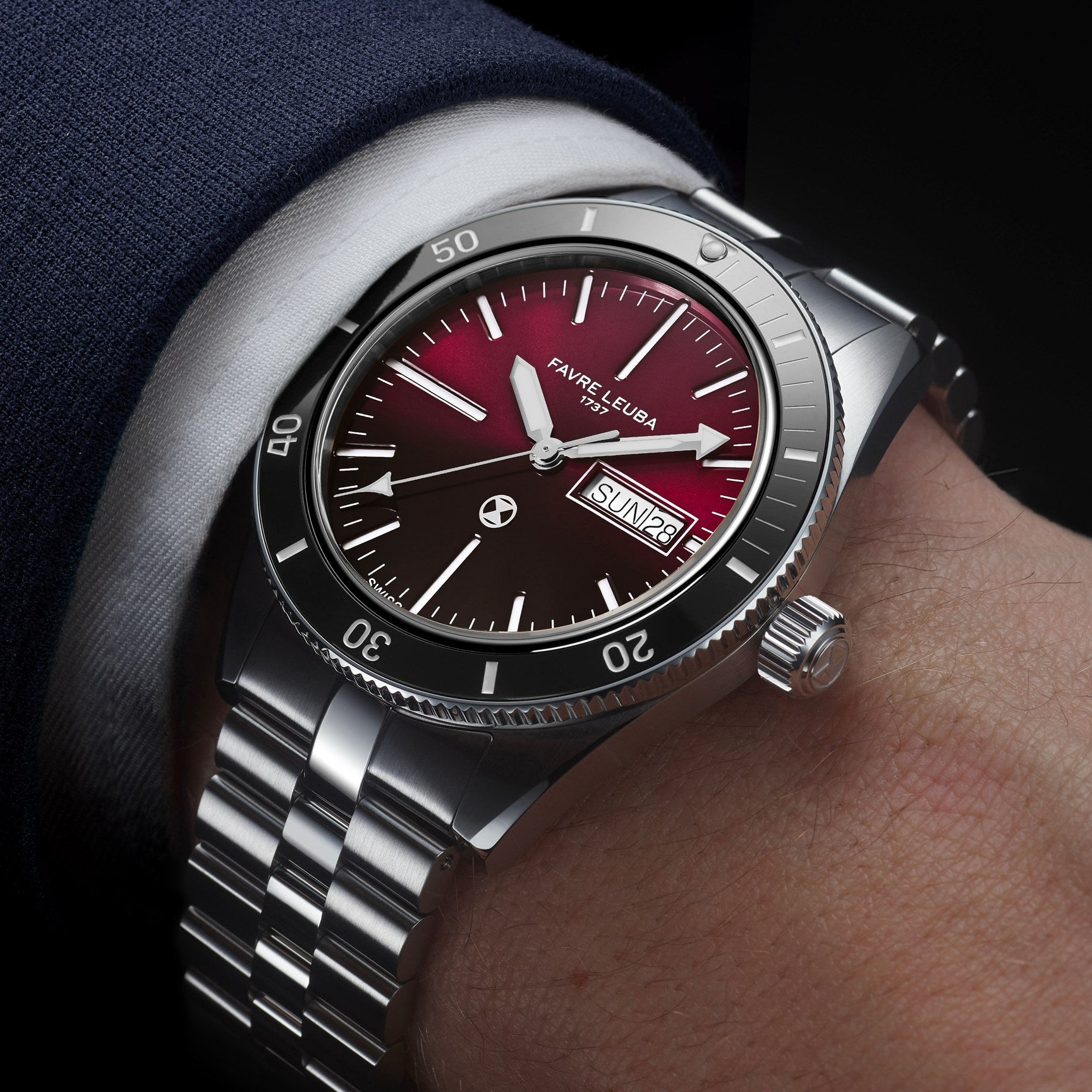 FAVRE LEUBA Deep Raider Day Date – Burgundy Dial, Steel Bracelet — 2