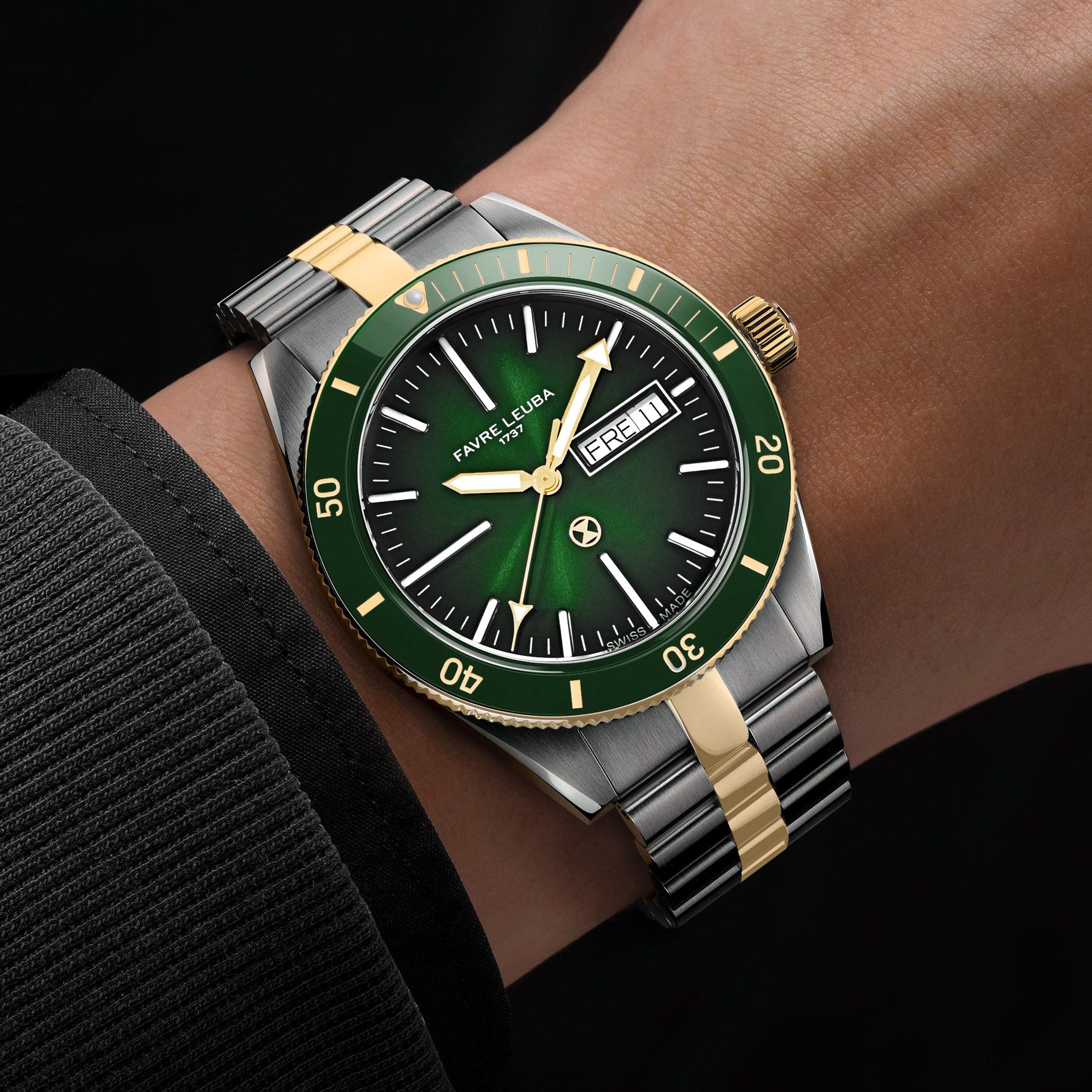 FAVRE LEUBA Deep Raider Day Date Bicolor – Green Dial, Steel & Gold Bracelet — 2