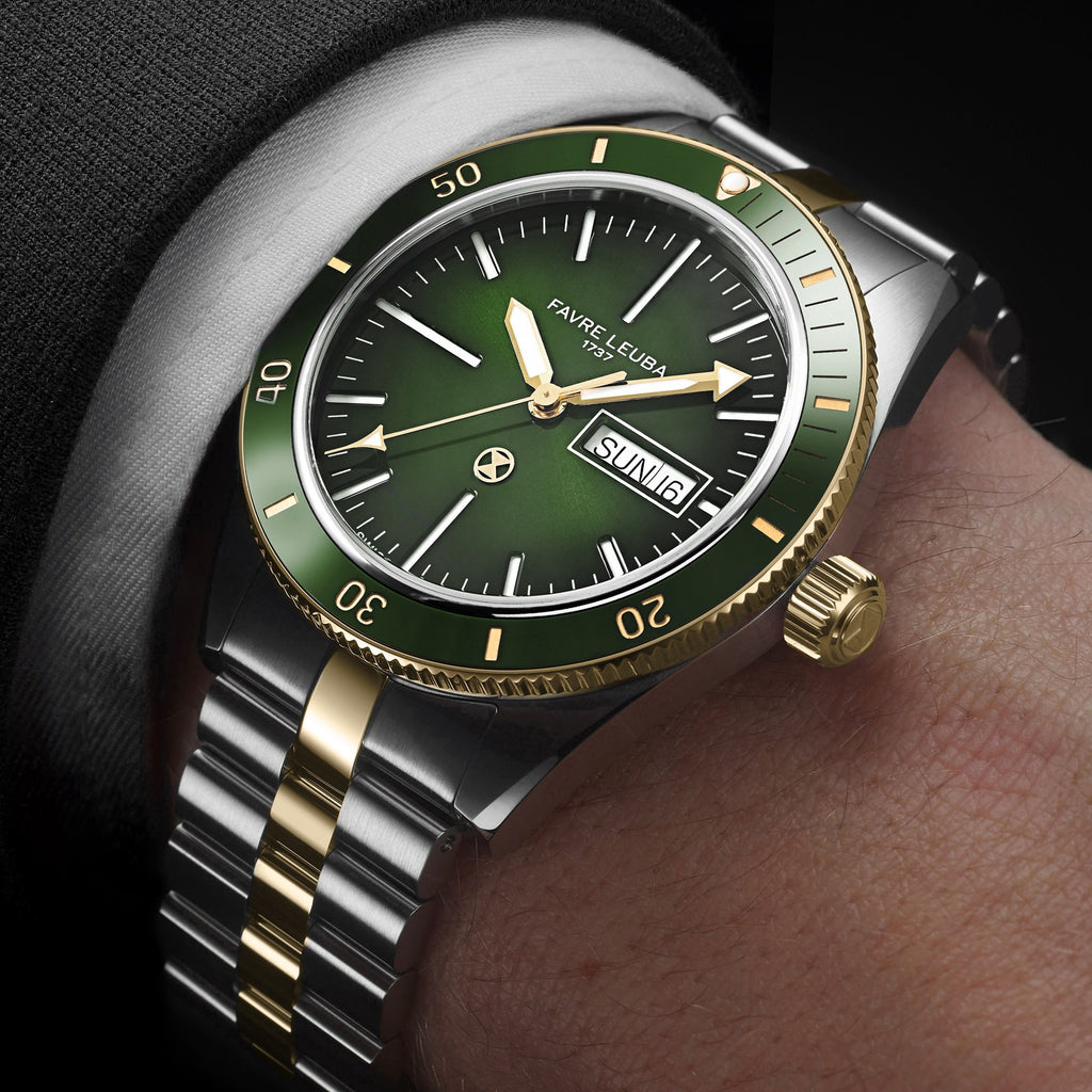FAVRE LEUBA Deep Raider Day Date Bicolor – Green Dial, Steel & Gold Bracelet — 3