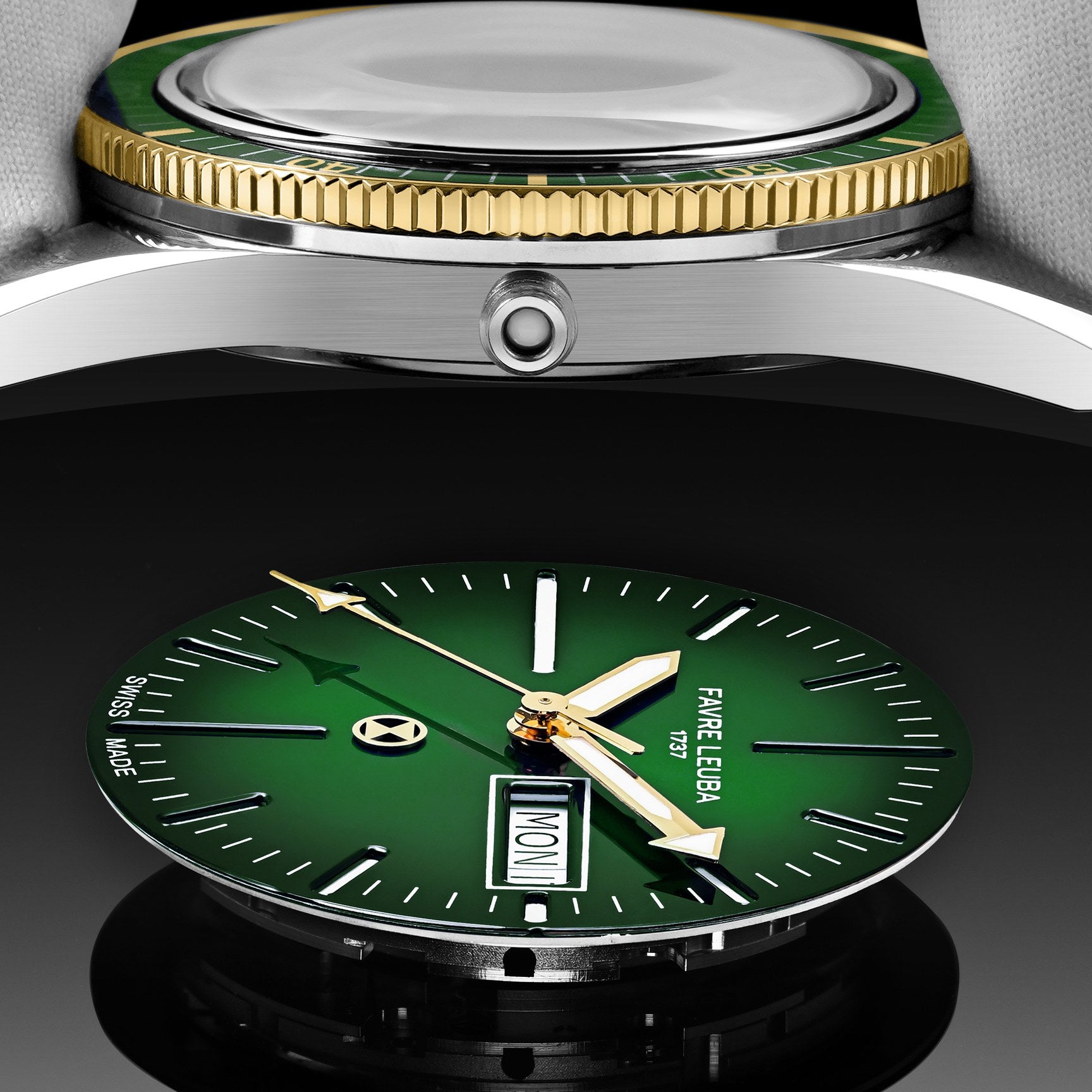 FAVRE LEUBA Deep Raider Day Date Bicolor – Green Dial, Steel & Gold Bracelet — 5