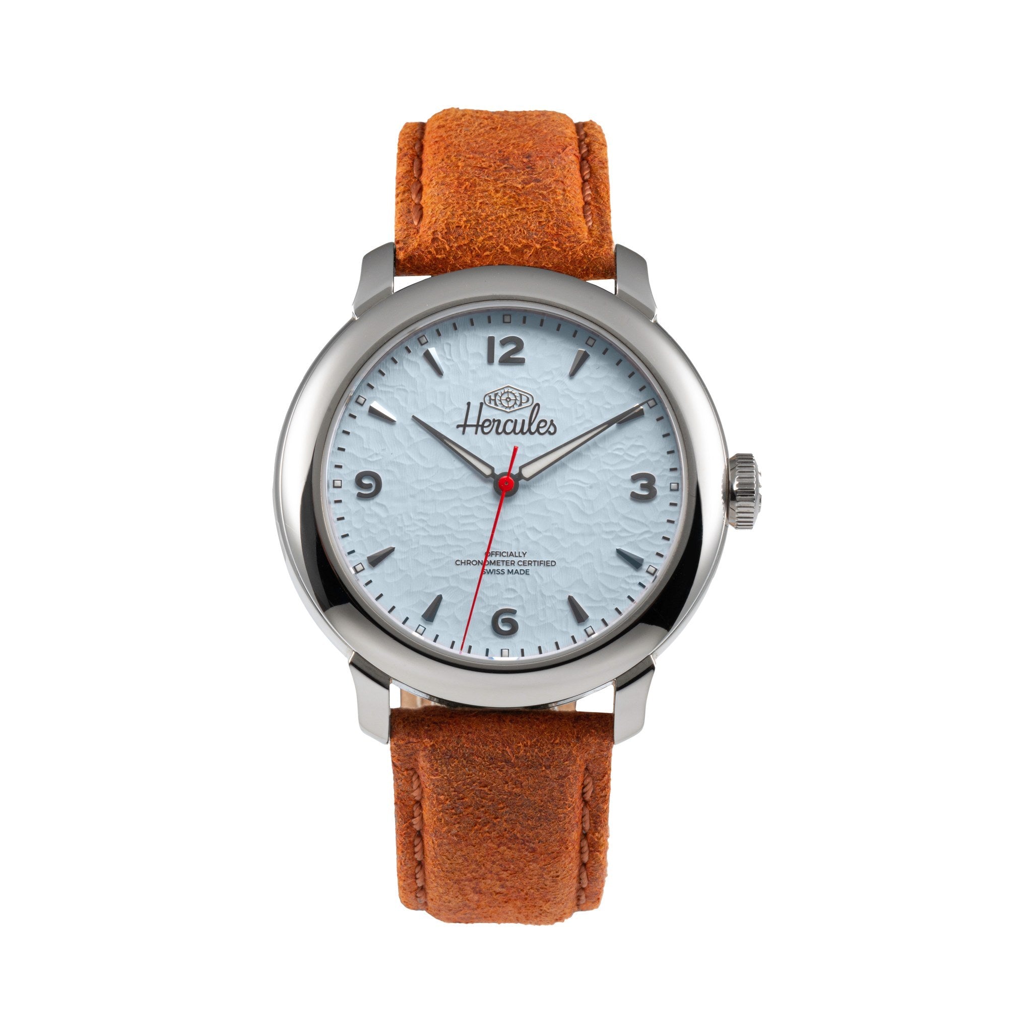 HP Hercules Hercules Hand-Wound – Steel — Ice Blue Dial, Cognac Suede Strap