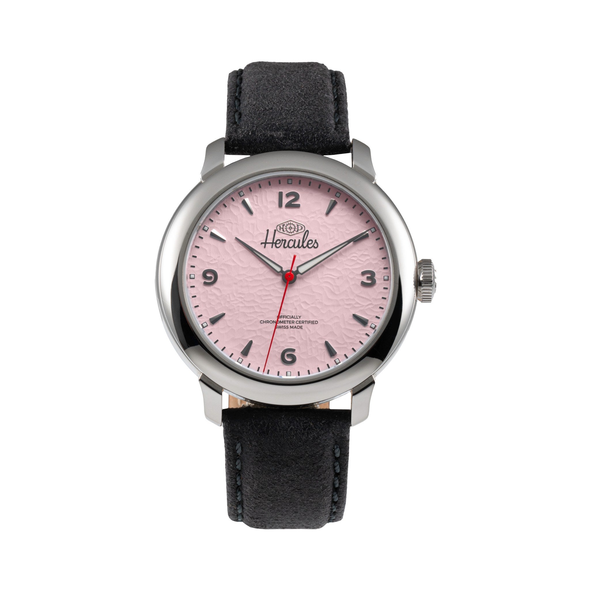 HP Hercules Hercules Hand-Wound – Steel — Ice Pink Dial, Black Suede Strap