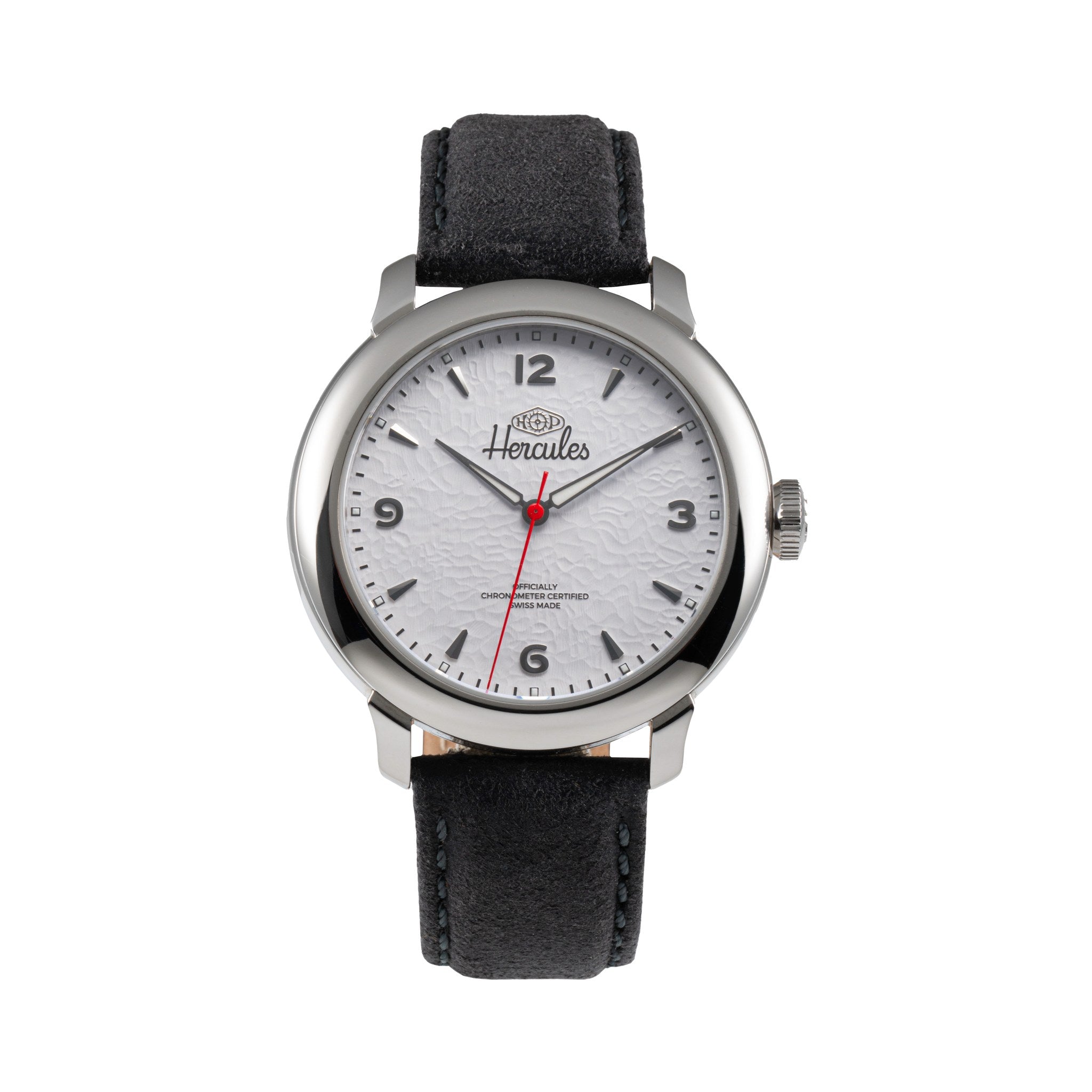 HP Hercules Hercules Micro-Rotor – Steel — Snow White Dial, Black Suede Strap