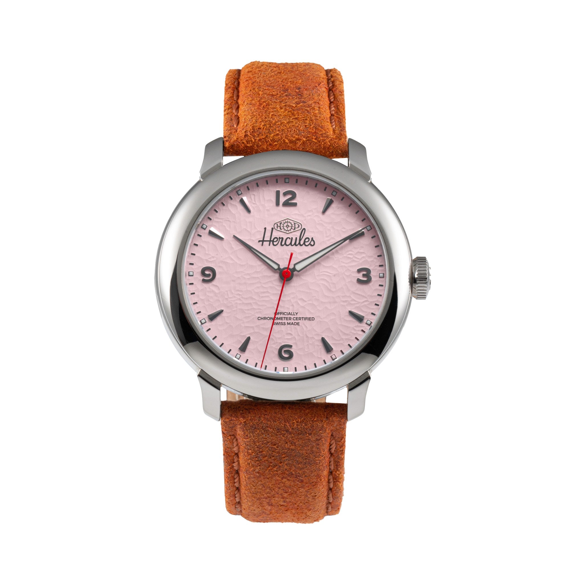 HP Hercules Hercules Micro-Rotor – Steel — Ice Pink Dial, Cognac Suede Strap