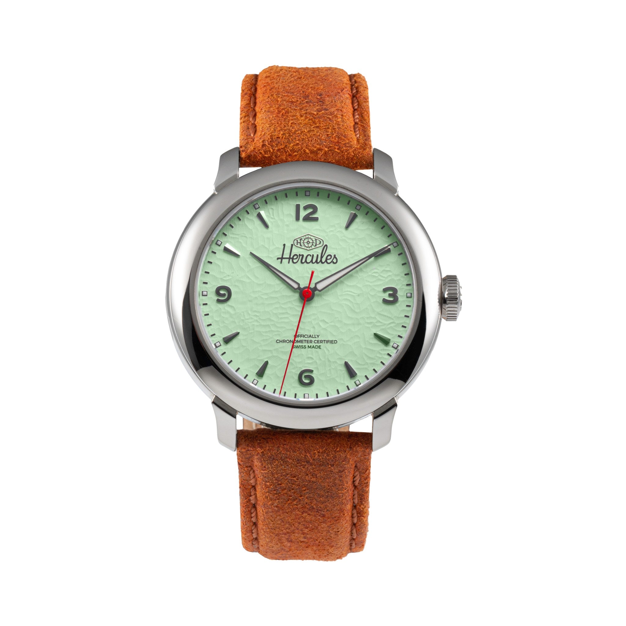 HP Hercules Hercules Micro-Rotor – Steel — Ice Green Dial, Cognac Suede Strap