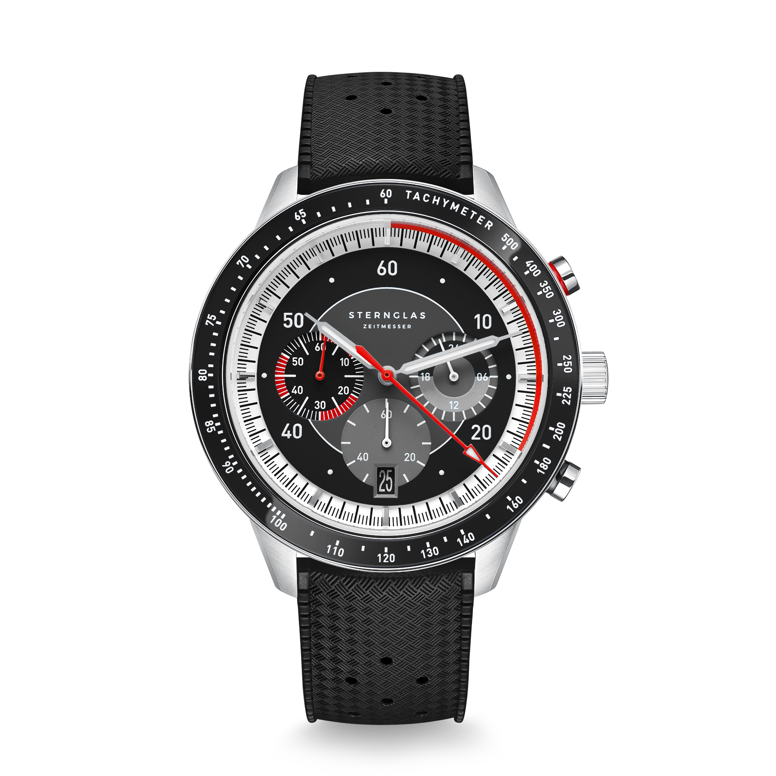 TACHYMETER 2.0 black silver / Rubber strap 20 black